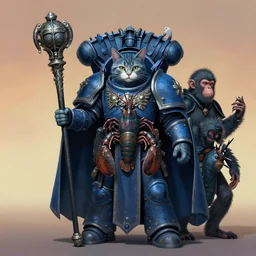 full character potrait of a genetic combination between cat & lobster & monkey & dragon, holding a ceremonial staff, wearing a cloak, zdzislaw beksinski, lewis jones, dariusz zawadzki, wayne barlow, warhammer fantasy, cold hue's, warm tone gradient background, concept art, 4 k, ultra - high - definition