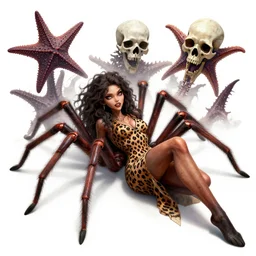 Skull that look too much like skull!, crypt lurker!!, grasp of darkness!!!, pitchburn devils, giant terrestrial starfish!!!!!, 8k CG character rendering of a spider-like hunting female on its back, fangs extended, wearing a leopard-patterned dress, set against a white background, with textured hair and skin.