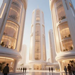 the inside of a very tall building, big pods, big windows, octane render, warm colour scheme, white, cyberpunk architecture, cinematic, scenery, unreal engine, render, cgsociety, modernism, futuristic, artstation, sci - fi, high detail, high quality, close up angle, people walking