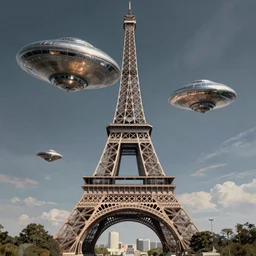 the Eiffel Tower being visited by a large UFO, an epic painting, glinting metal, volumetric lighting, intricate, elegant, highly detailed, digital painting, artstation, concept art, smooth, sharp focus, art by Maciej Kuciara
