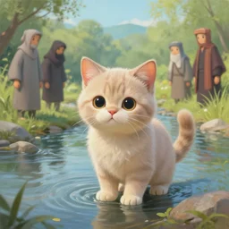 a painting of a cute light beige brown kitten at a river. character design by cory loftis, fenghua zhong, ryohei hase, ismail inceoglu and ruan jia. volumetric light, detailed, rendered in octane
