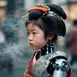 profile 3 / 4 face realistic photography of a cyborg robot japanese geisha 3 5 years old, short hair, few wrinkles around eyes, cinematographic, street photography of tokyo, cinematic light, grainy image, intense, a bit of smoke and fog around, filth and grim, 5 0 mm lens