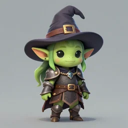 cute tiny goblin girl with green skin wearing hunter armor from Bloodborne and a wizard hat, d&d, digital art
