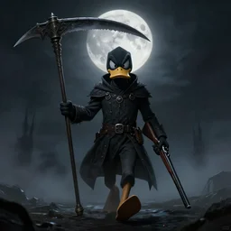 an ultra detailed matte painting of darkwing duck walking toward the camera holding a large scythe in one hand and a sawed off shotgun in the other dressed as the hunter from bloodborne, in the style of darkwing duck, digital art, dark fantasy, concept art, soulslike, by alphonse mucha and greg rutkowski, cinematic, blood moon eclipse, ominous night mist, octane render, artstation, 8 k