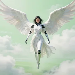 a a humanoid robot woman with wings in white robes with one angry red eye floating over a pale green landscape, large wings, surrounded in clouds and light, digital art