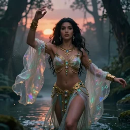 Realistic portrait of Megara from Disney's Hercules, mystical forest lagoon, glowing glittery dust in the air, twilight, sunset, gloomy, eerie atmosphere, dynamic pose, ornate attire, intricate gold and crystal jewelry, diaphanous iridescent cloth, cinematic lighting, god rays, volumetric fog, bloom, by Nebezial, by Artgerm, by WLOP, by Ross Tran, by Sakimichan, fantasy, portfolio illustration, highly detailed, trending on Artstation, CGsociety, HQ, 8k, 35mm lens, f2.8, Bokeh,