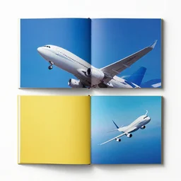 flatlay airplane book collection, vivid colors, dramatic lighting