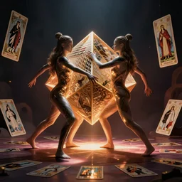 gemini twins, tesseract body movements, dramatic blade runner lighting, tarot cards