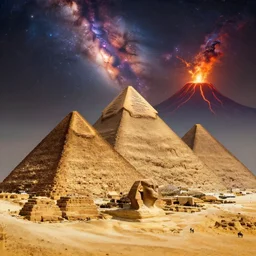 a beautiful and highly detailed digital painting of the cairo pyramids with a nebula sky and a volcano eruption, intricate details, epic scale, hyperdetailed, hyperrealism, artstation, cgsociety, 8 k, sharp focus, by caspar friedrich, albert bierstadt, james gurney,
