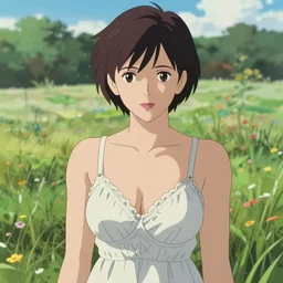 aerith gainsborough wearing with low cut tasteful dress and bra | | in a meadow!! summer, realistic shaded, pleasant face, fine details, medium shot, portrait, realistic shaded lighting poster by greg rutkowski, artgerm, kyoto animation and alphonse mucha