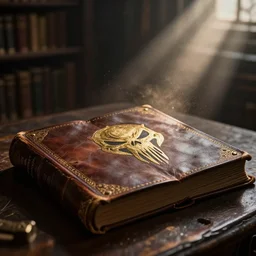 ancient dimly lit fantasy punisher library with punisher leather bound book open to page featuring gold inlay punisher symbol. background light rays in dust