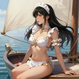 A beautiful female maid wearing a magical bikini posing on a boat, detailed face, fantasy art, in the style of JOHN STEPHENS, illustration, epic, fantasy, intricate, hyper detailed, artstation, concept art, smooth, sharp focus, ray tracing, profile shot