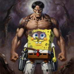 Spongebob as a Titan from Attack on Titan. Epic dark fantasy horror stylized oil painting by Ivan Shiskin. Trending on artstation