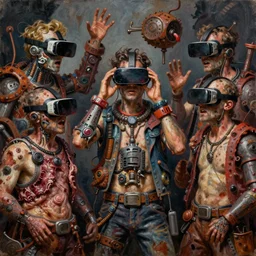 junky men getting insane, cybertronic gadgets and vr helmet, durty colours, rotten textures, rusty shapes, flesh + technology, biotechnology, norman rockwell, tim hildebrandt, dariusz zawadzki, hyperrealistic oil painting on canvas, deep depth field, cinematic composition, hyper - detailed, hdr, 8 k, 4 k