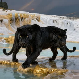 animal concept of a black panther melanistic deep black leopard walking on Pamukkale, thermal waters flowing down gold travertine terraces, accurately portrayed, portrait art by alphonse mucha and greg rutkowski, highly detailed, digital painting, concept art, illustration, dim lighting with twilight rays of sunlight, trending on artstation, very detailed, smooth, sharp focus, octane render, close up