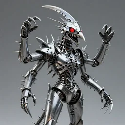 the shrike, humanoid, three meters in height, a carapace of chrome steel, four arms, four hands, scalpel - like fingerblades, its body covered with an array of blades and thorns, including a large curved thorn on its chest, a curving blade on its forehead, another higher up on its head, and rosettes of thorns around its limb joints. multi - faceted eyes vivid red glow and its mouth contained multiple rows of sharp metal teeth.