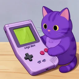 purple cat playing gameboy, by Peter Mohrbacher