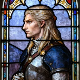 side - view portrait of geralt of rivia, in the style of 1 2 th century stained glass window, masterful