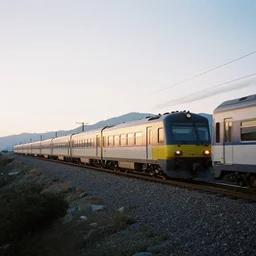 trains riding in the sunset over a mountain. film photography, soft lighting
