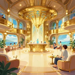 atlantis paradise interior, a retro futuristic spaceship made of brass, art deco influence, hotel style design. clean cel shaded vector art. shutterstock. behance hd by lois van baarle, artgerm, helen huang, by makoto shinkai and ilya kuvshinov, rossdraws, illustration, art by ilya kuvshinov