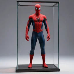 spider man suit on display in a glass case, red and black, shiny, 3 d render, realistic, hdr, dramatic lighting