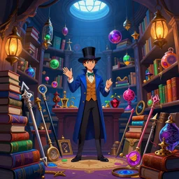 A Magician's chamber, filled with books, magic artifacs and magic weapons, lanterns, light from above, blue toned, low angle view, many colors, colorful, all colors, highly saturated colors, greg rutkowski, fantasy, detailed illustration, hd, 4k, digital art, overdetailed art, concept art, trending on artstation