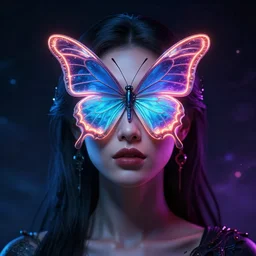 a portrait of a beautiful woman with a neon butterfly covering her face head, cult secret society art by james paick, and shaddy safadi, ominous, cosmic magic, trending on artstation, ultra detailed, hyper realistic 4 k, octane, cinema 4 d, c 4 d, 3 d render
