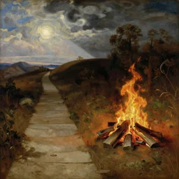 a bifurcation of two paths. one narrow path to the left goes to the skies, the wide path goes to the fire pit. religious art, masterpiece. in a combination of thomas cole and paul gustav fischer.