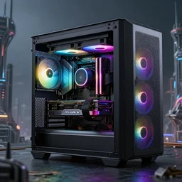 futuristic city, desktop computer, gpu, extremely detailed, 3 d fractal, gpu, case, noctua, rgb lighting, alien structures