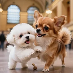 a photorealistic closeup image of a cute brown colored long haired chihuahua cocker spaniel dog playing with a happy white bichon frise puppy at grand central station. brightly lit. extreme detail. unreal engine