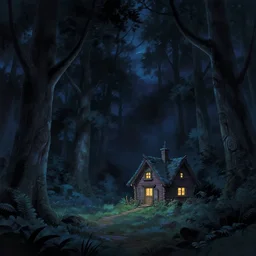 cold dark night, alone small house in forest, studio ghibli, pixar and disney animation, science fiction, cyberpunk, sharp, disney concept art illustration by mandy jurgens, dynamic lighting