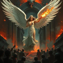 a beautiful angelic woman standing at the entrance gate of hell and spitting fire balls, lost souls in front of her, fantasy art, art by greg rutkowski and artgerm, amazing detail, illustration, epic,, artstation, concept art, sharp focus, cinematic