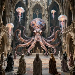 group of mankind species mages with enormous octopus heads and jellyfish floating around inside an ancient mage castle hall colossal scale, gothic and baroque, brutalist architecture, ultradetailed, intricate details by Ellen Jewett and Ayami Kojima