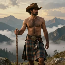 a dramatic epic beautiful ethereal painting of a handsome shirtless hairy desi cowboy in the mountains | he is wearing a plaid kilt and cowboy hat, and holding a walking staff | background is mountain peaks and clouds | dramatic lighting, golden hour, homoerotic, realistic, art nouveau | by mark maggiori | trending on artstation