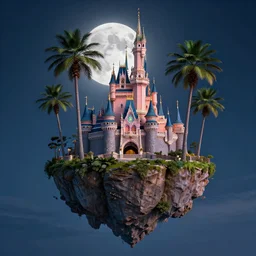 the disney castle surrounded by giant palm trees on a giant floating island in the sky at night, a huge moon above the island illuminates the sky, cinematic, digital art by erik johansson, 8 k resolution, hyper detailed, hyper realistic, sharp focus