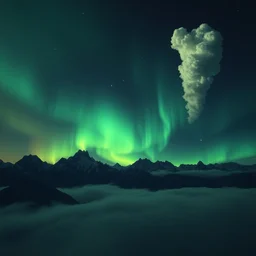 a beautiful digital artwork of cumulus aurora borealis, fog, dark, volumetric lighting, tall mountains in the background, night, very detailed, cirrus, green accents, gold accents, washed out colors, ultrarealistic