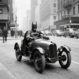 old black and white photo, 1 9 1 3, depicting batman's batmobile from dark knight rampaging through the bustling streets of new york city, rule of thirds, three - point perspective, historical record
