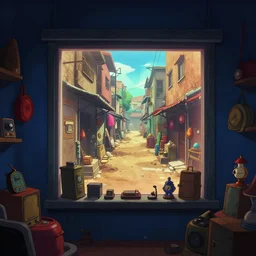 a film still from Tekkonkinkreet by Ian McQue, dark blue interior of vintage collectables store, the shop window looks out onto narrow market alley of dusty favela city street, intimate, vibrant, 50mm lens, video game character and environment design, 2d game lineart behance hd, studio, dramatic lighting, cinematic, global illumination, trending on Artstation, bloom