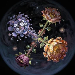 An epic fantastic realism comic book style painting of the most beautiful entwined flowers launched across the dark and starry night sky, nebulous bouquets, fisheye lens, unreal 5, DAZ, hyperrealistic, octane render, dynamic lighting