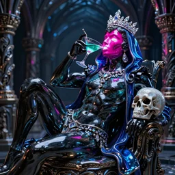 hyper detailed ultra sharp photo of rococo and cyberpunk neon ceramic sculpture of seductive muscular kit butler dotado drinking a martini black teal holographic humanoid deity wearing blue holographic hooded cloak with nothing underneath holding an glass skull in a onyx dungeon, reclining, glowing magenta face, crown of white diamonds, cinematic lighting, photorealistic, octane render 8 k depth of field 3 d