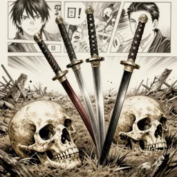 a beautiful masterpiece of three samurai swords stuck in the ground on a battlefield with a giant skull laying deep in the ground, manga panel, anime, joao ruas, by joao ruas, realistic shaded lighting, rich detail, fine detail, dramatic, atmospheric, trending on artstation, artgerm, rob rey