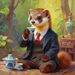 a portrait painting of a weasel in a suit sits drinking chinese tea ， humanoid, anthropomorphic, personify, trending on artstation by wenjun lin, irakli nadar, bright colors, octopath traveler, wenjun lin, unreal engine 5 highly rendered, global illumination, radiant light, detailed and intricate environment