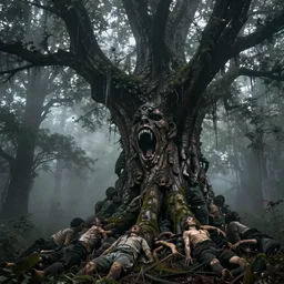 dark forest shrouded in mist, a tree with mist dripping off it, screaming face on tree trunk with fangs, tree bark shaped like a mass of human bodies, forbearing, oppressive, epic composition, digital art, concept art, 4 k, highly detailed