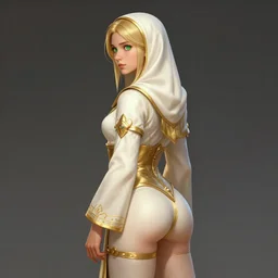 Female cleric, golden-white robes, fantasy, green eyes, young, no extra legs!, extremely detailed face!, shaped derriere, looking from side, artstationHD, octane, by artgerm and wlop