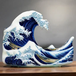 a blown glass sculpture of a wave on a table in the style of the great wave off kanagawa