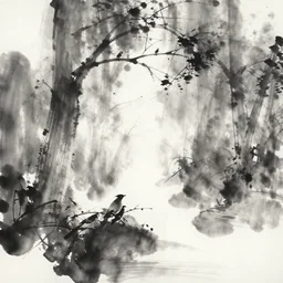 zen, forest, birds, ink