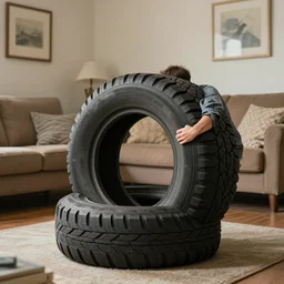 man losing his tire because it has become too small - it is a sentient tire that is able to shrink itself to a tiny size and hide in the living room paraphernalia, artwork by sicko