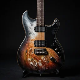 guitar with custom paint, studio environment, black background, dim and dramatic lighting, professional photo, high quality