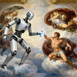 modern mechanical robot on the clouds is touching an athletic human man with lightning fingers, classical religious painting, inspired by the creation of adam painting fresco, michelangelo, concept art, fritz lang