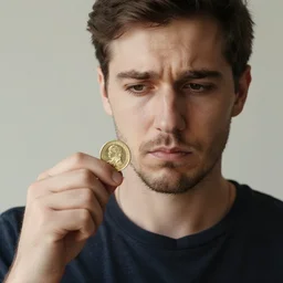 a man holding a golden coin looking sad